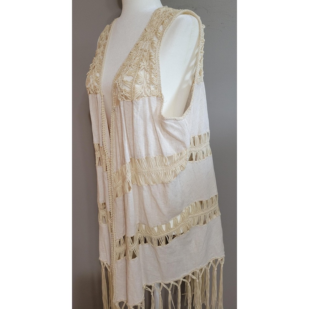 Umgee Linen Crochet Open Front Fringe Duster - Picture 6 of 6